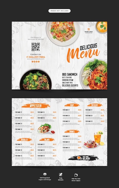 Free PSD food menu and restaurant bifold brochure template