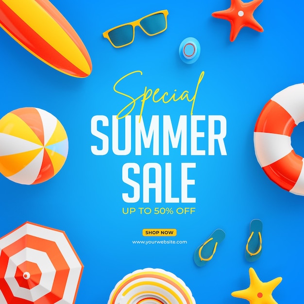 Free PSD special summer sale up to 50 percent off social media post template